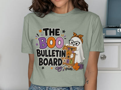 "The Boo Bulletin Board" text with a ghost holding a bulletin board.