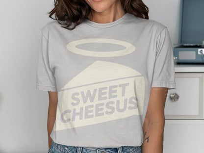 Gray t-shirt with a slice of cheese graphic and text "SWEET CHEESUS".
