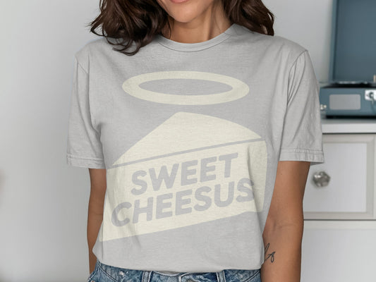 Gray t-shirt with a slice of cheese graphic and text "SWEET CHEESUS".