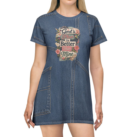 Christian T-Shirt Dress for Women – God's Plan Is Better Than Mine Faux Denim Floral Faith Graphic
