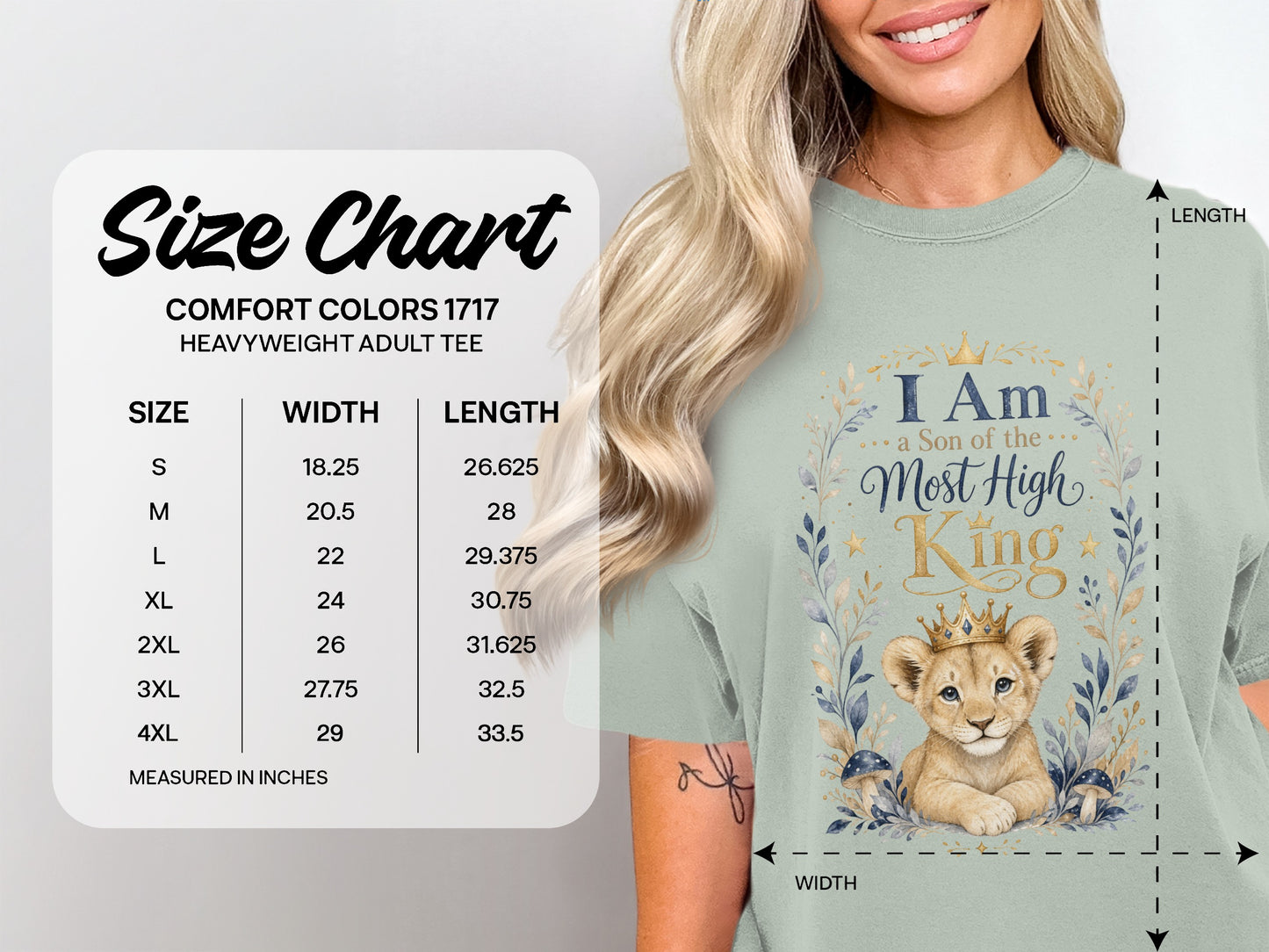 Comfort Colors 1717 size chart for heavyweight adult tee.