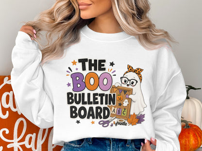 Ghost wearing glasses holding a bulletin board with "The Boo Bulletin Board" text.