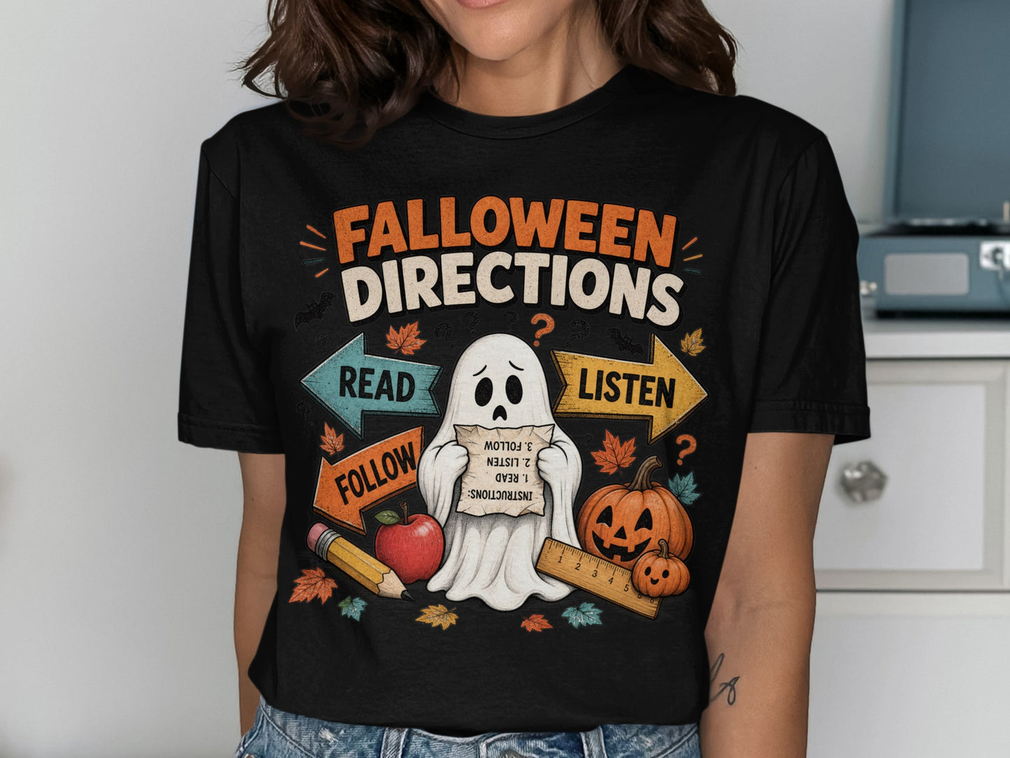"Halloween Directions" graphic with ghost, pumpkins, and school supplies.