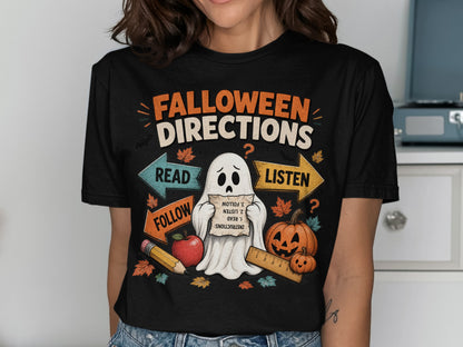 "Halloween Directions" graphic with ghost, pumpkins, and school supplies.