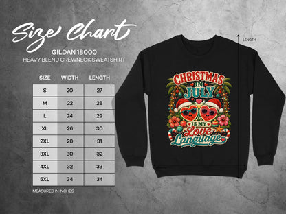 Gildan 18000 sweatshirt size chart with "Christmas in July" graphic.