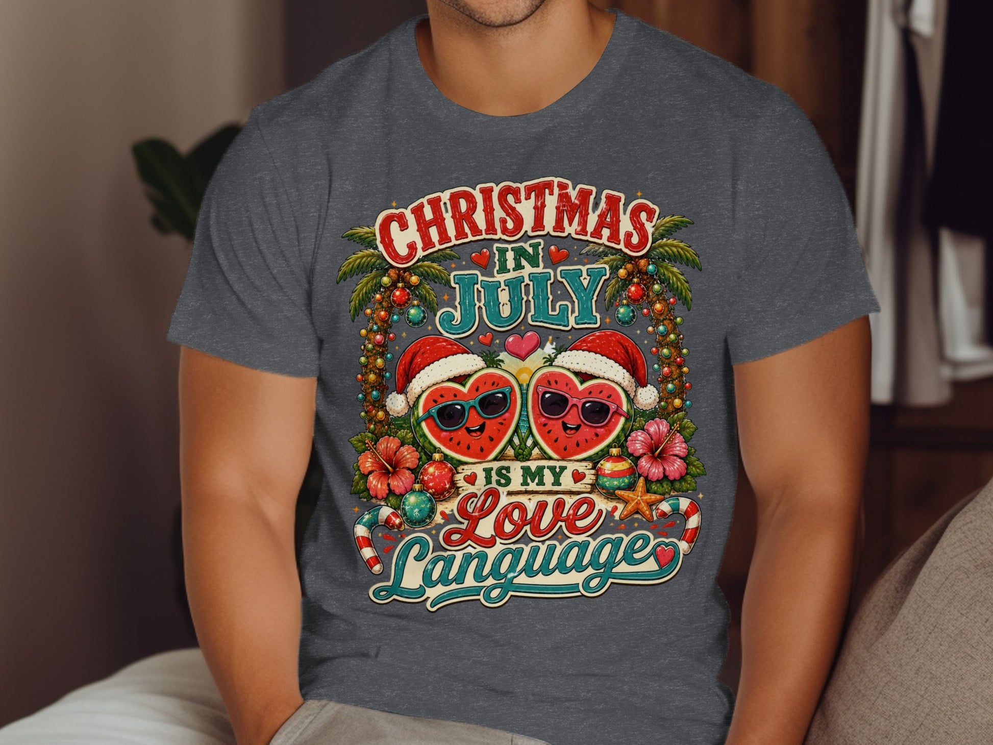 Two heart-shaped watermelons in Santa hats saying "Christmas in July is my love language."