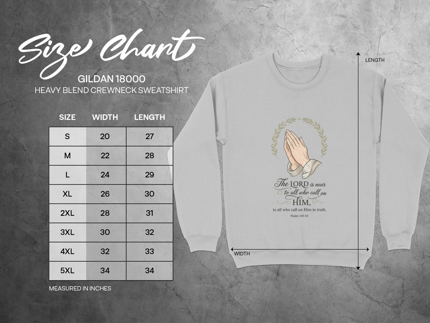 Size chart for Gildan 18000 sweatshirt with measurements and religious quote.