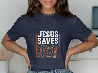 Navy t-shirt with "JESUS SAVES" text and desert scene graphic.