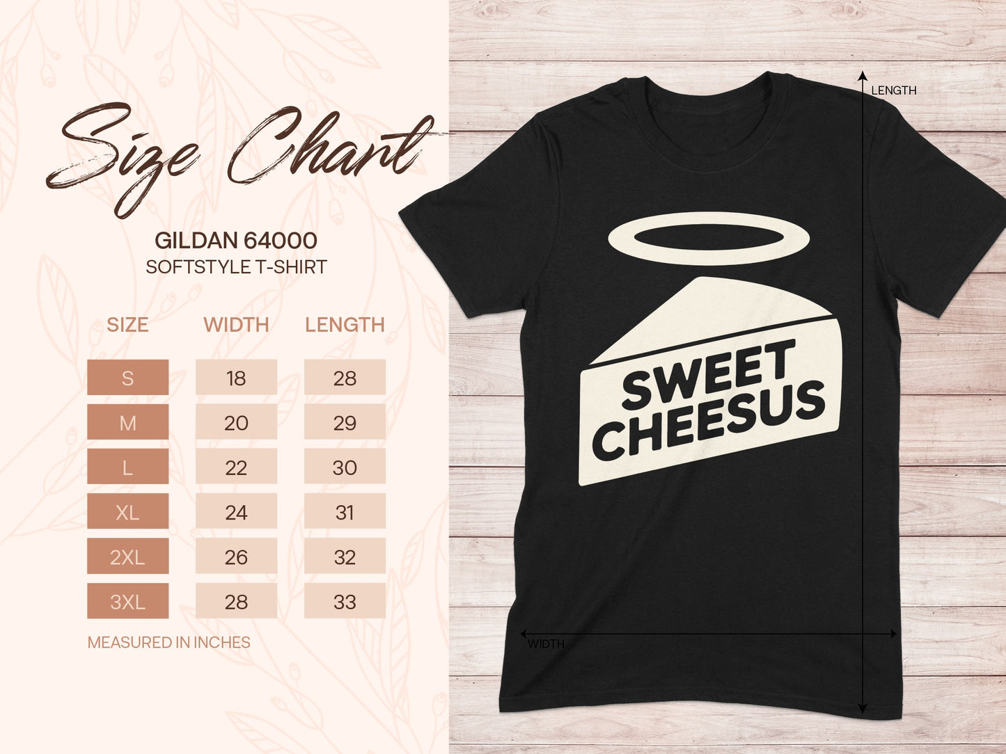 T-shirt size chart with Gildan 64000 Softstyle details and "Sweet Cheesus" graphic.