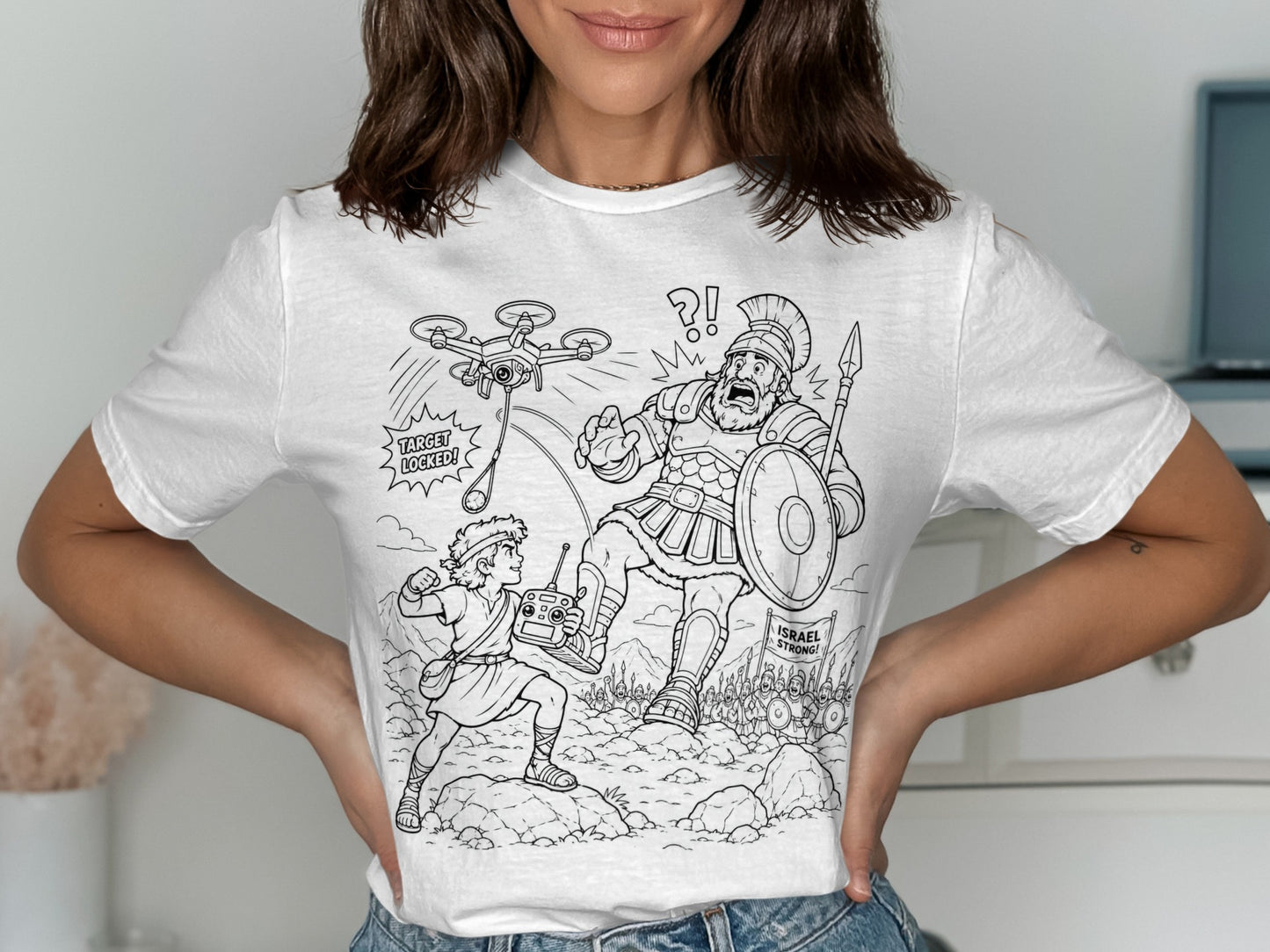Cartoon of soldier battling drone with "Israel Strong!" text.