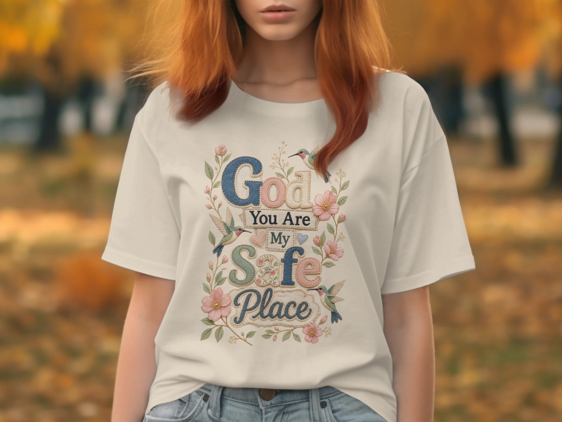 White t-shirt with "God You Are My Safe Place" embroidered in floral design.