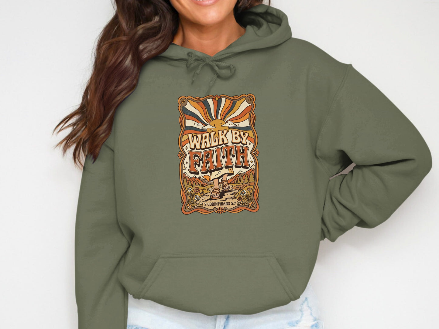Olive green hoodie with "Walk by Faith" graphic and Bible verse.