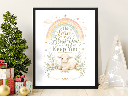 Framed watercolor art with rainbow, lamb, and text "The Lord Bless You and Keep You".