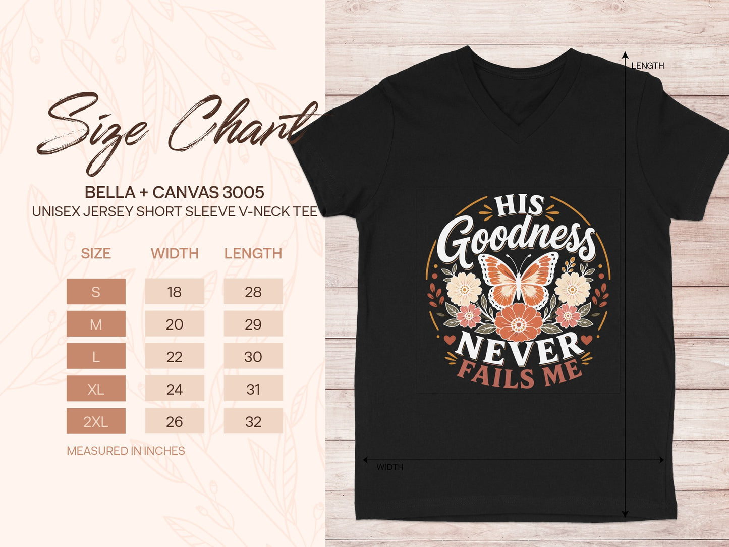 Bella + Canvas unisex v-neck tee size chart with chest width and length measurements.