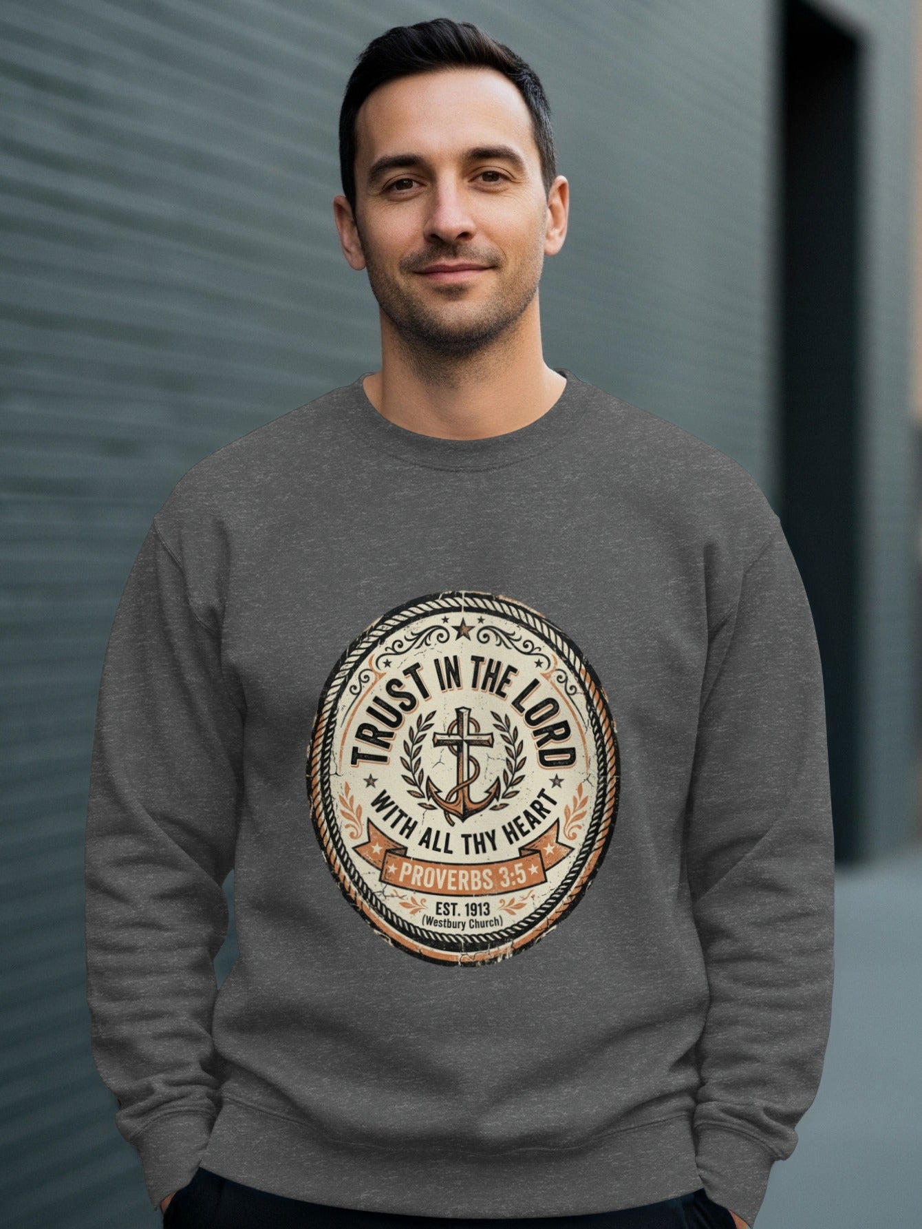 Dark gray sweatshirt with "Trust in the Lord" and Proverbs 3:5 graphic.