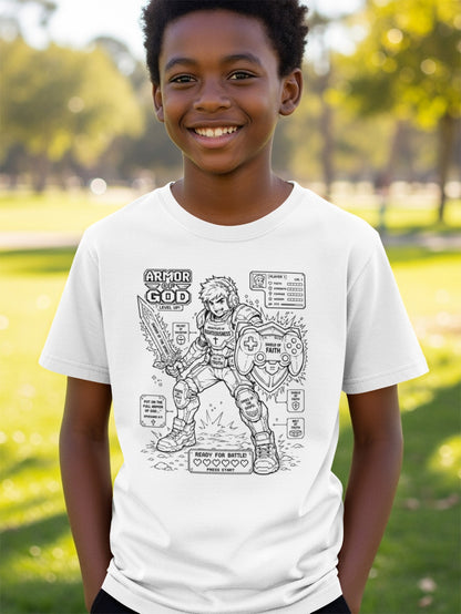White t-shirt with "Armor of God" graphic and biblical verses.