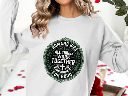 White sweatshirt with Romans 8:28 graphic and scripture.
