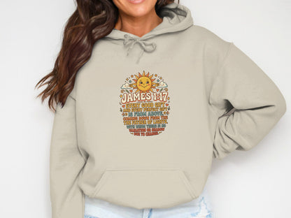Beige hoodie with sun graphic and James 1:17 scripture.