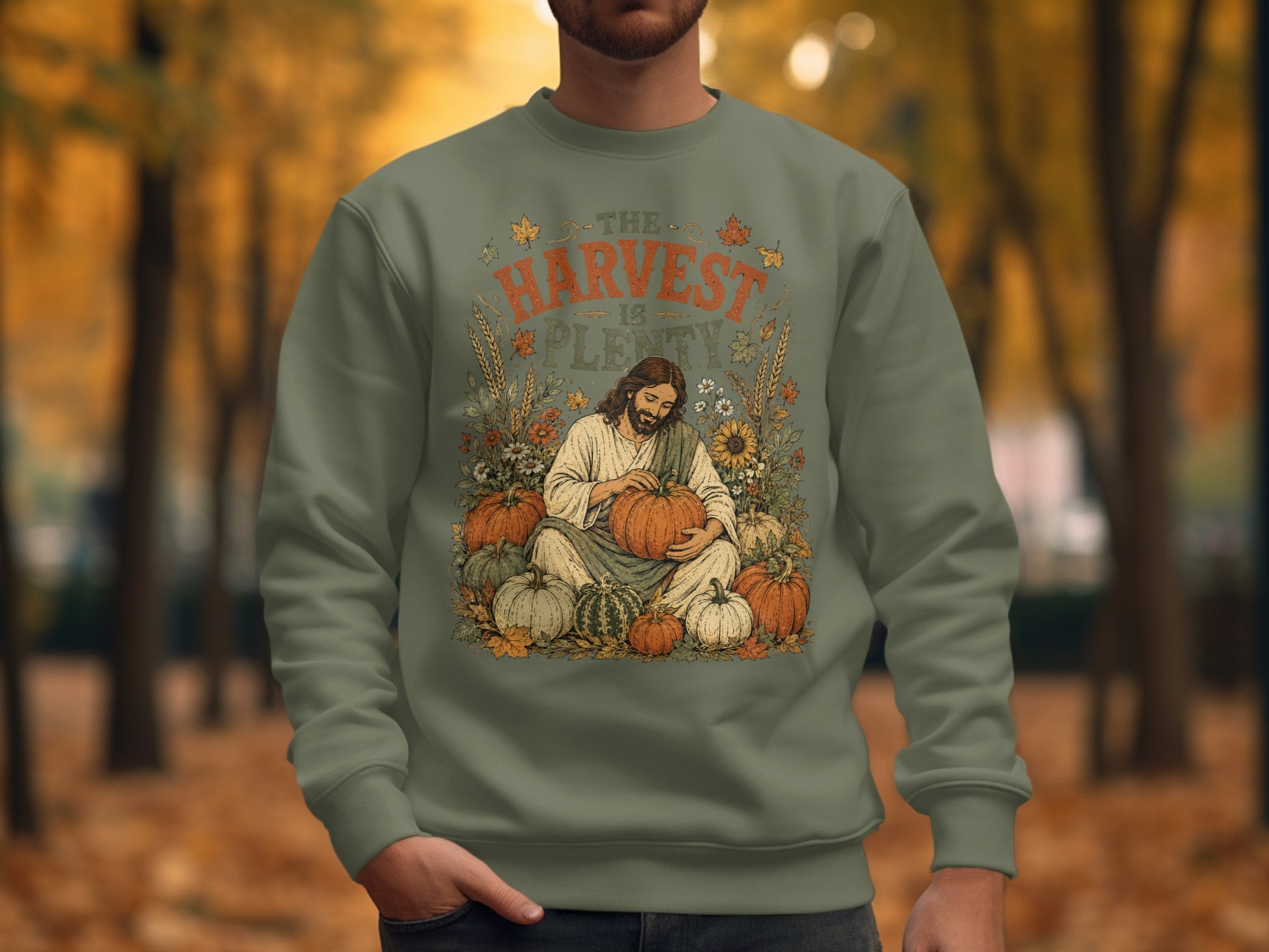 Jesus in a harvest scene with pumpkins and leaves, text "The Harvest is Plenty".