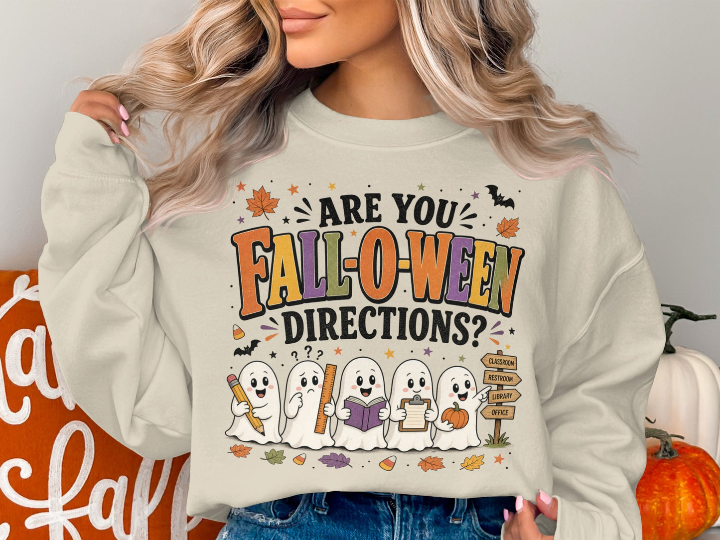 Ghosts holding school supplies with text "Are You Fall-O-WEEN Directions?"