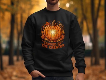 Black sweatshirt with a graphic of a cross inside a pumpkin with fall leaves.