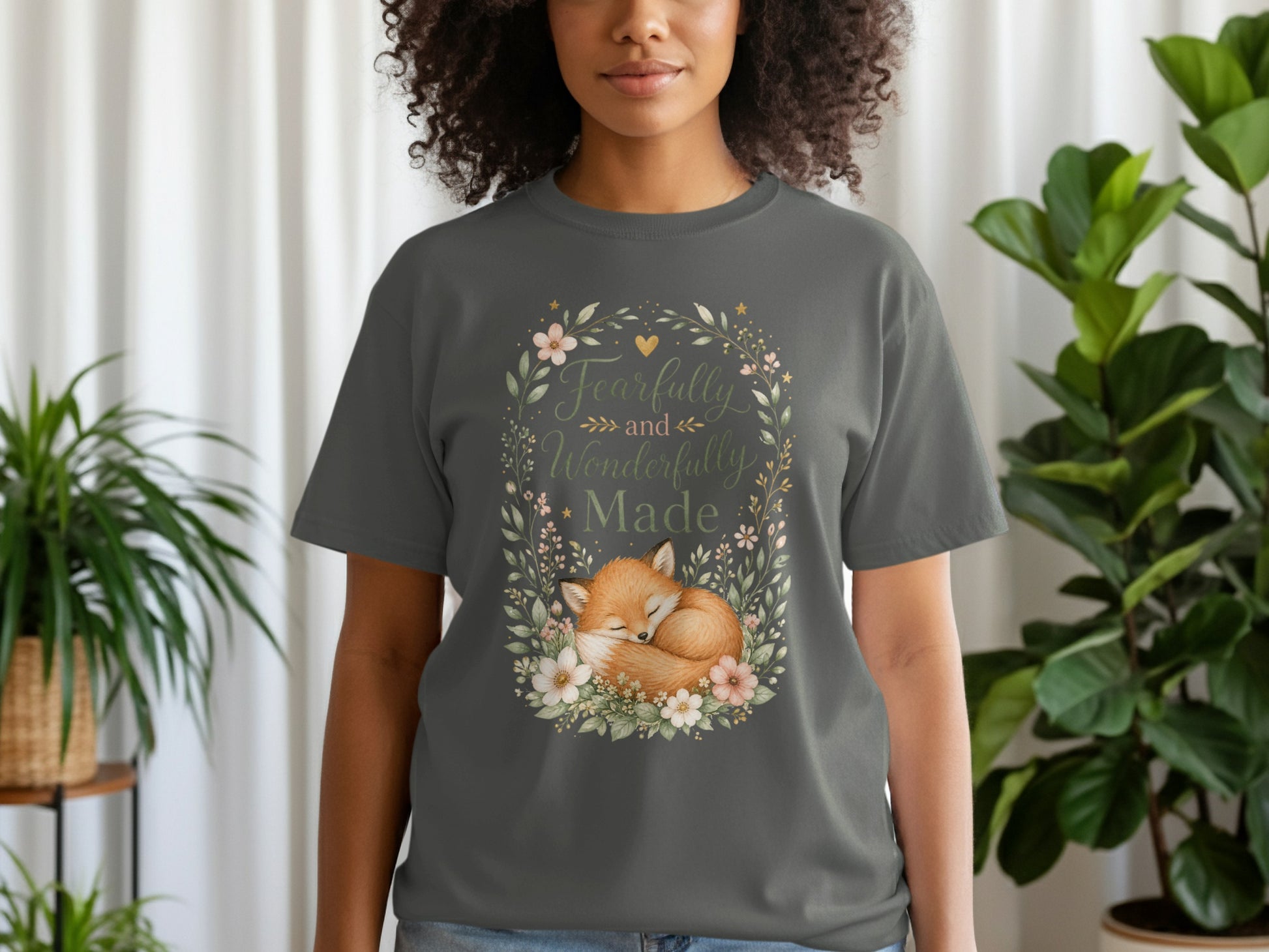 Grey t-shirt with a sleeping fox wreath, "Fearfully and Wonderfully Made" text.