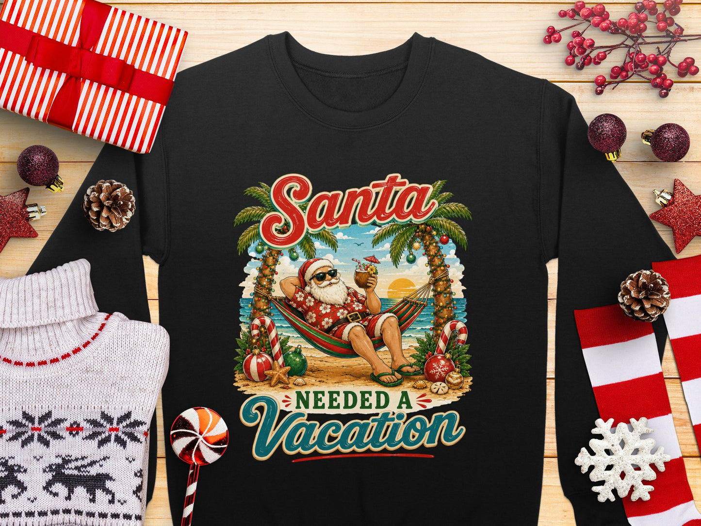 Santa in a hammock on a tropical beach, needing a vacation.