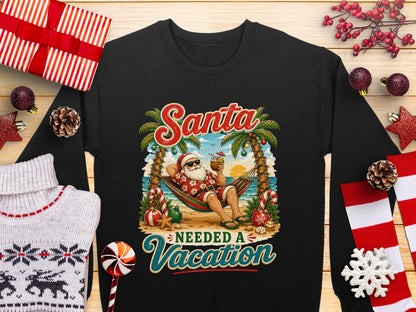 Santa in a hammock on a tropical beach, needing a vacation.