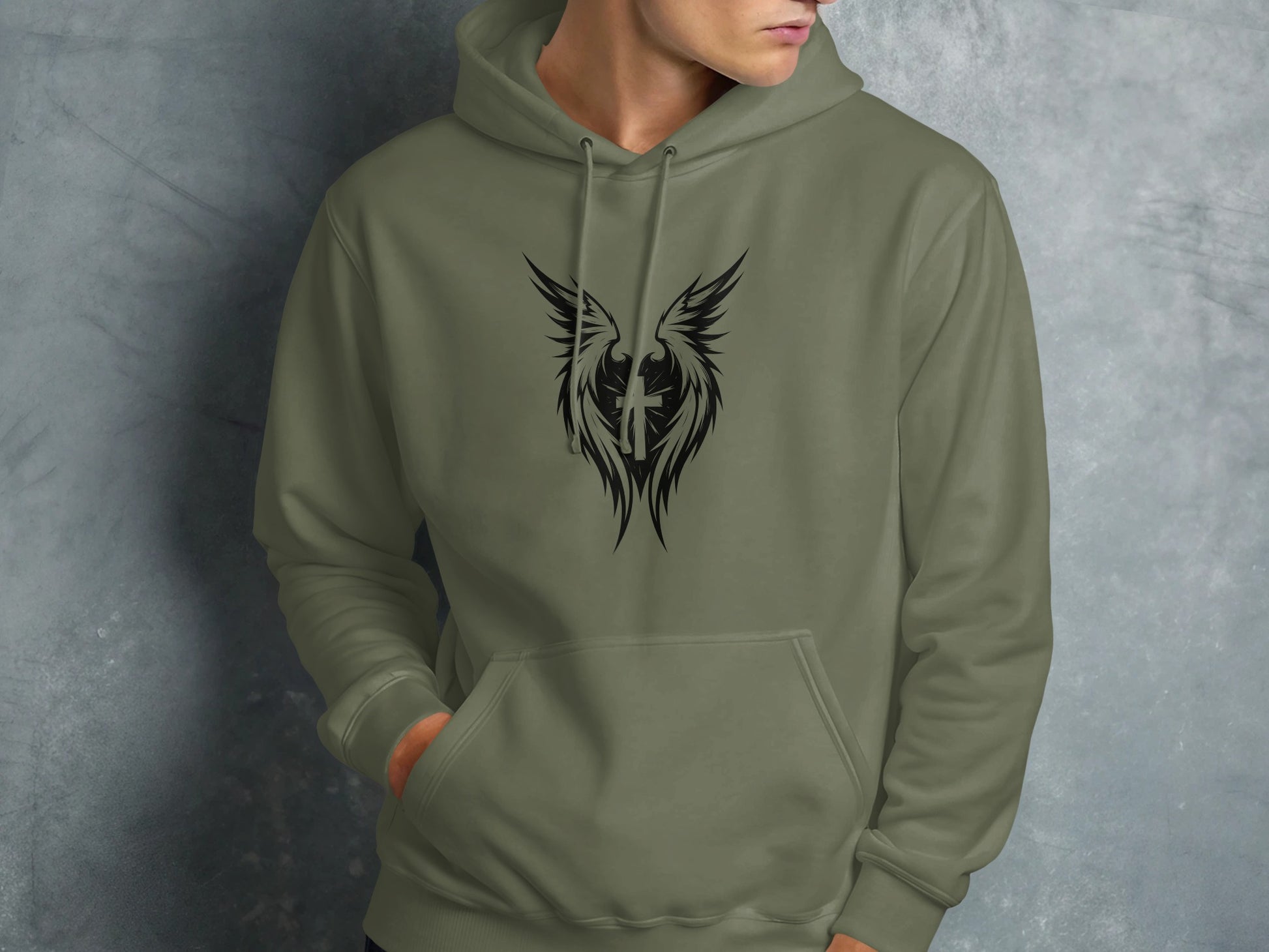 Olive green hoodie with black winged cross emblem on chest.