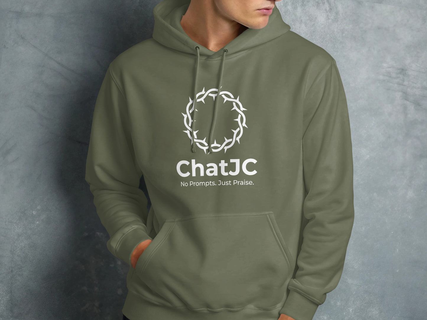 Olive green hoodie with white ChatJC logo and "No Prompts. Just Praise." text.