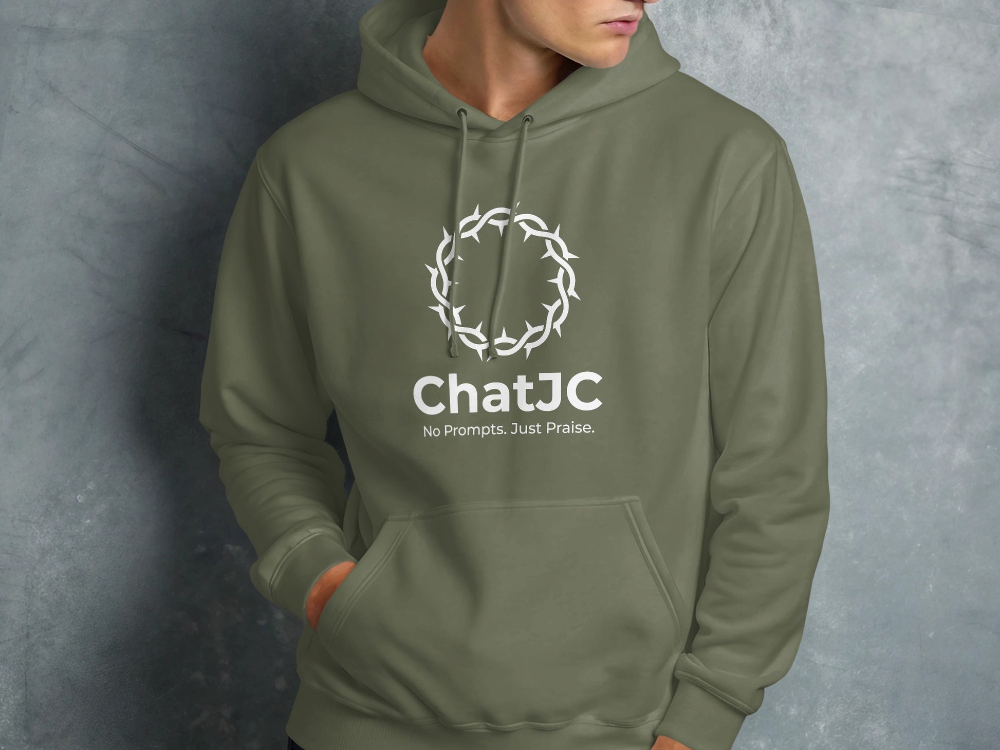 Olive green hoodie with white ChatJC logo and "No Prompts. Just Praise." text.