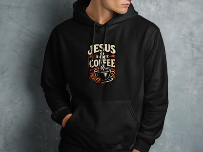 Black hoodie with "Jesus & Coffee" text and coffee cup graphic.