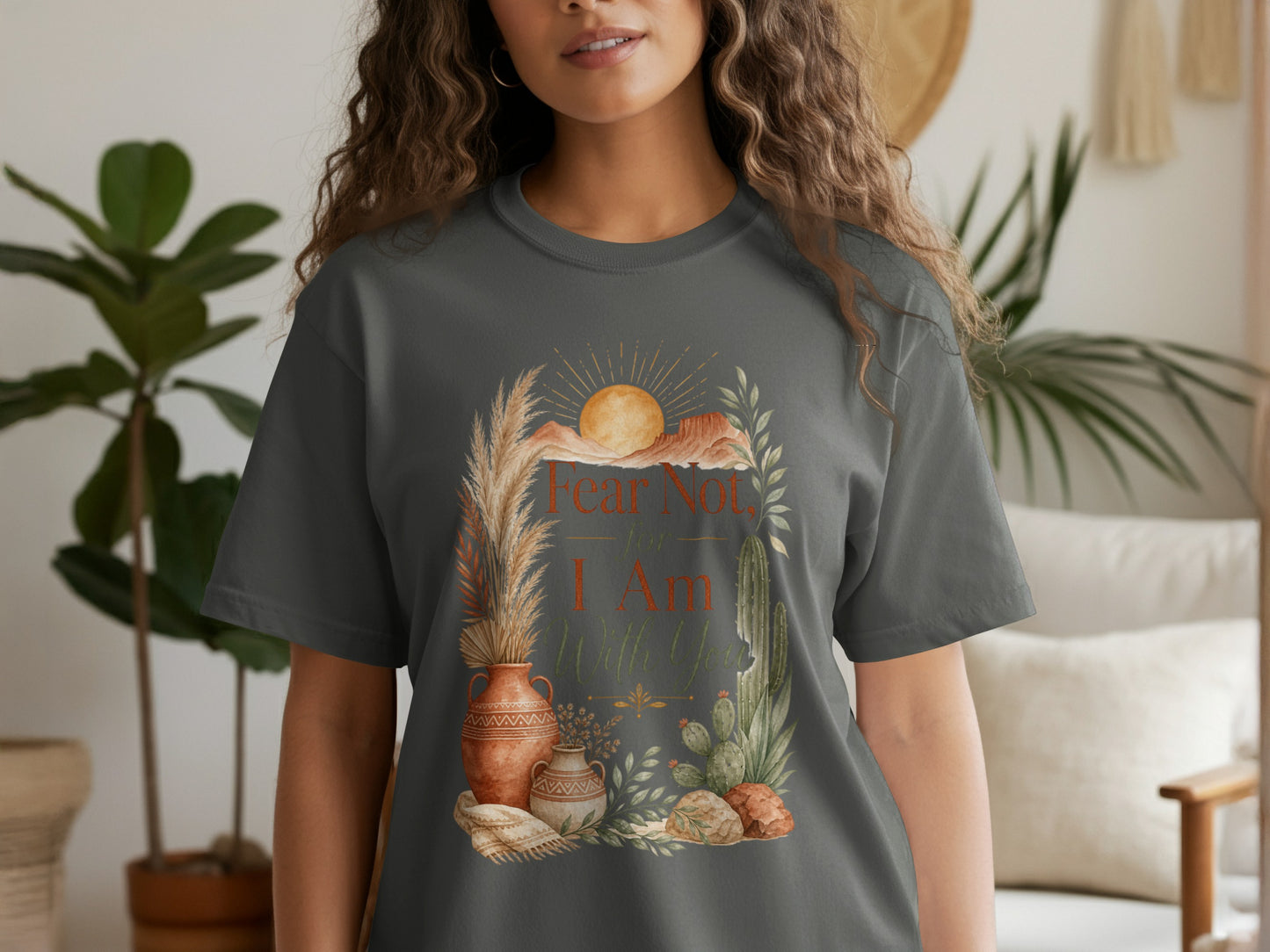 Dark gray t-shirt with a desert floral graphic and "Fear Not, I Am With You" text.
