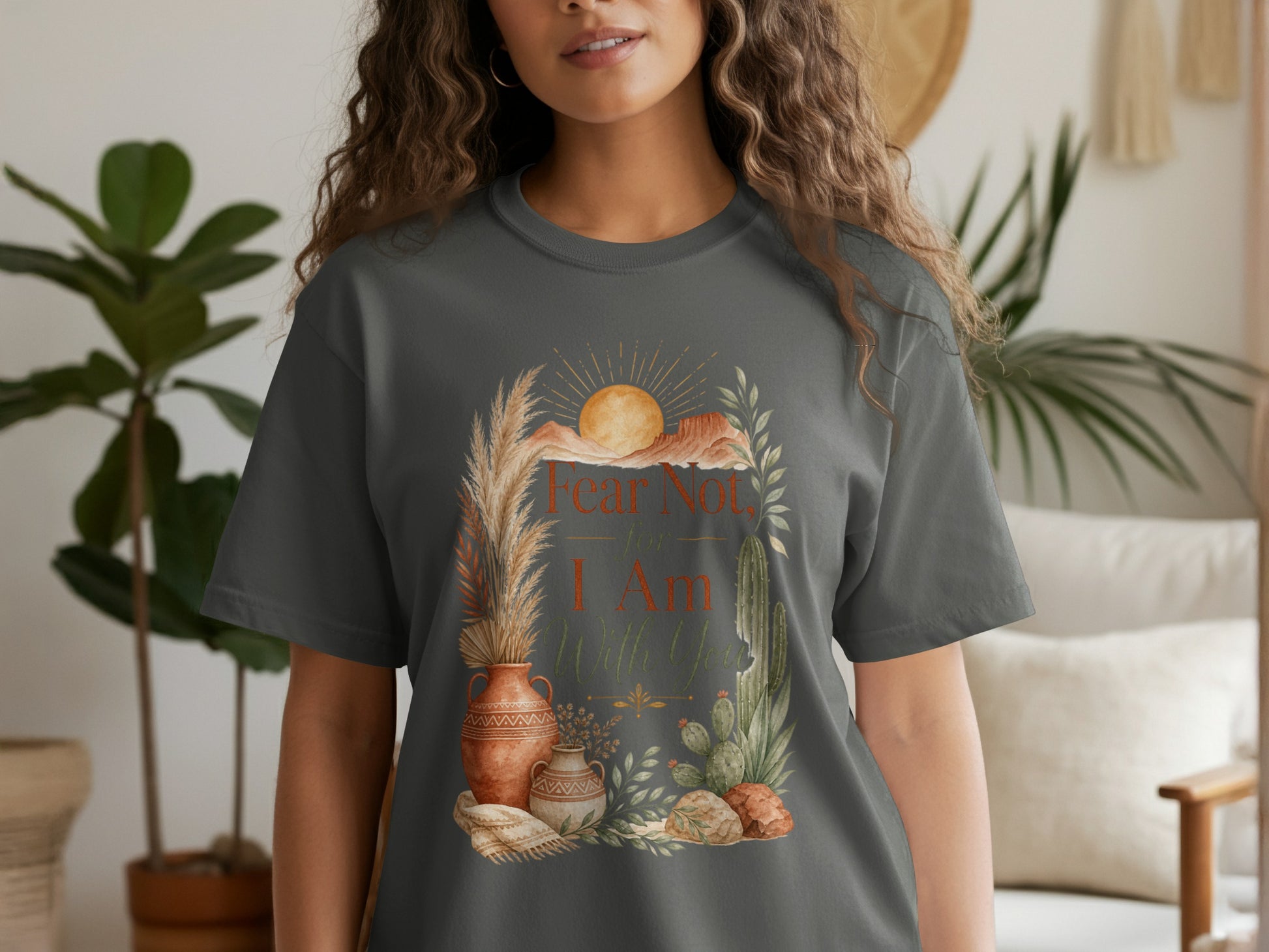 Dark gray t-shirt with a desert floral graphic and "Fear Not, I Am With You" text.