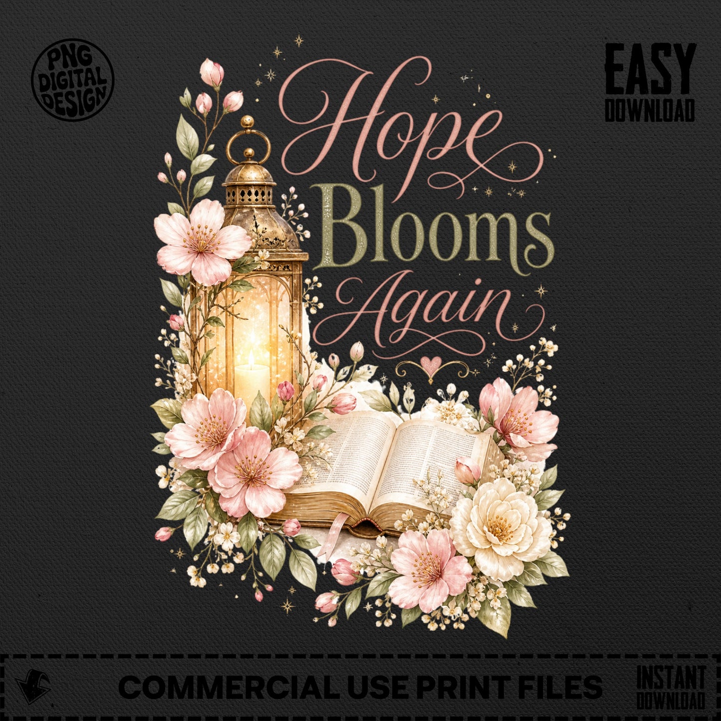 Hope Blooms Again text with lantern, open book, and pink flowers.