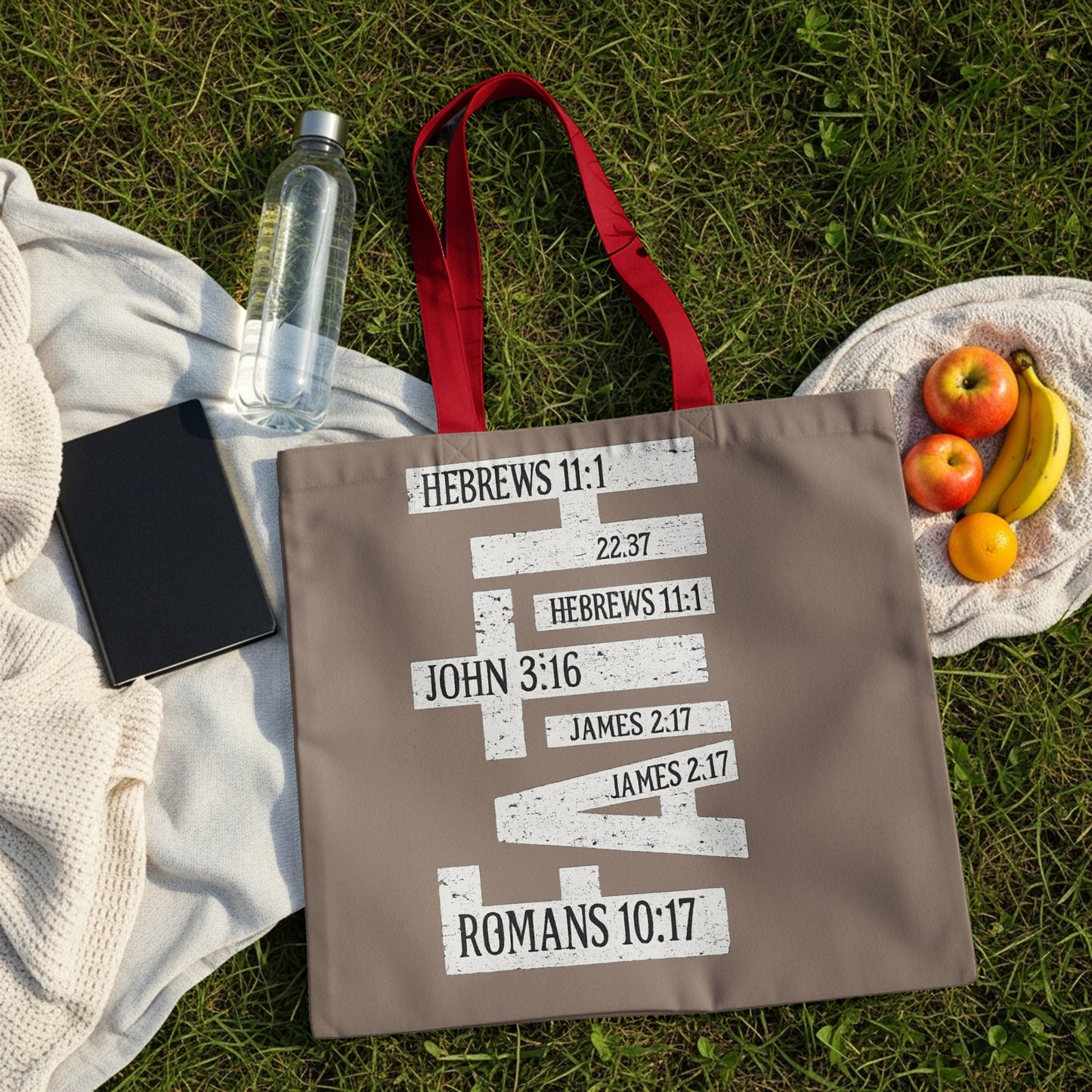 Tote bag with Bible verses in white text on a taupe background.