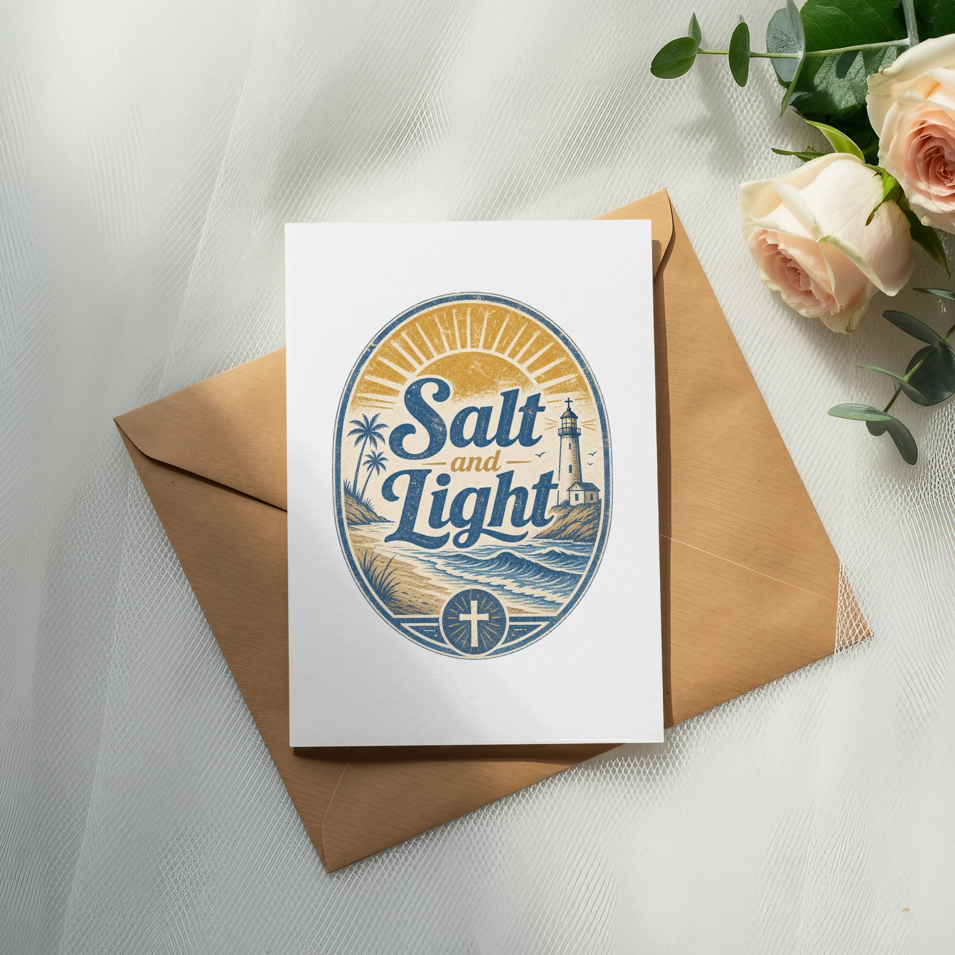 Card with "Salt and Light" text and beach scene, on a brown envelope.