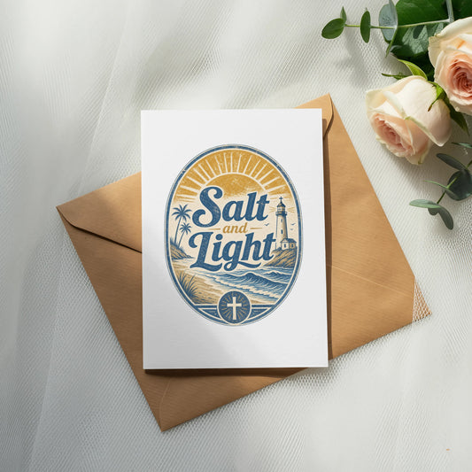 Card with "Salt and Light" text and beach scene, on a brown envelope.