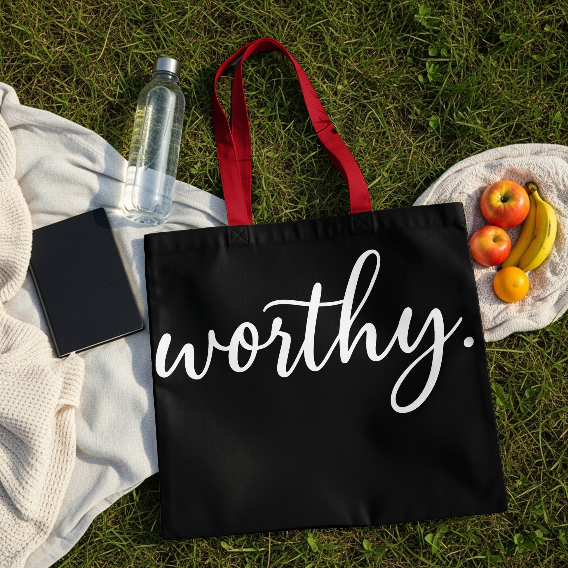 Black tote bag with red straps, featuring the word "worthy" in white script.