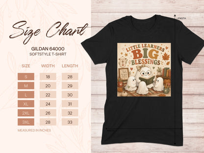 Black Gildan 64000 t-shirt with "Little Learners Big Blessings" ghost graphic and size chart.
