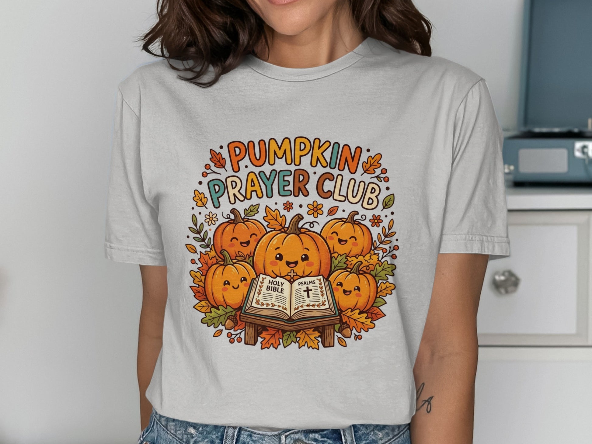 Pumpkin Prayer Club graphic on a gray t-shirt with a Bible and pumpkins.