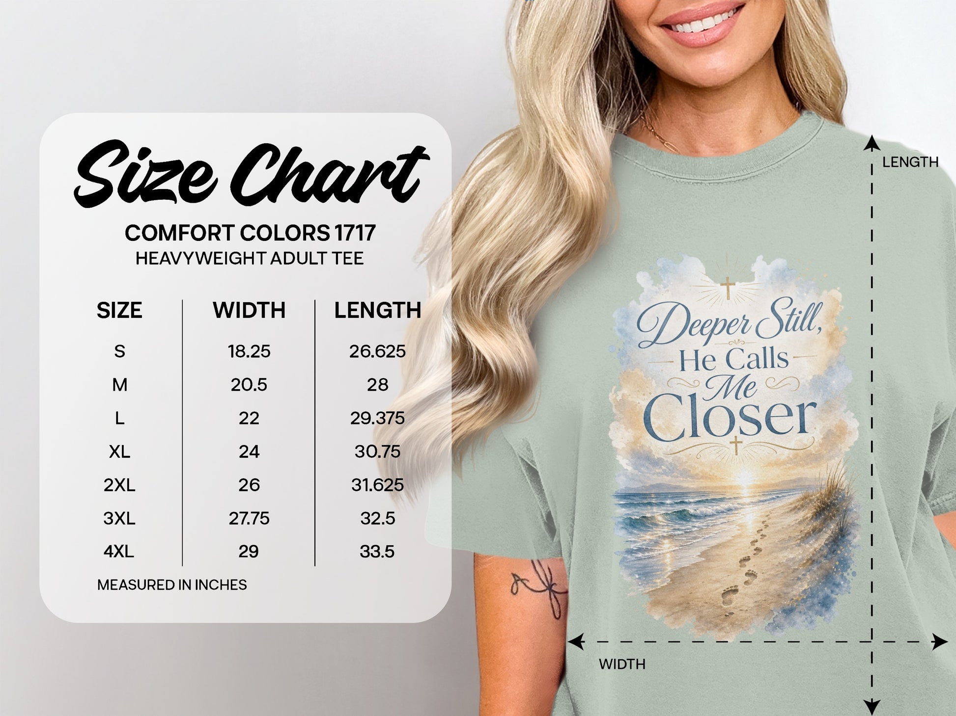 Comfort Colors 1717 size chart for a heavyweight adult tee with beach graphic.