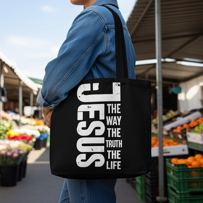 Black tote bag with "JESUS" and "THE WAY THE TRUTH THE LIFE" in white text.