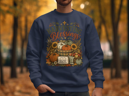 Sweatshirt with "Harvesting Blessings" and Psalm 107:1, surrounded by autumn harvest.
