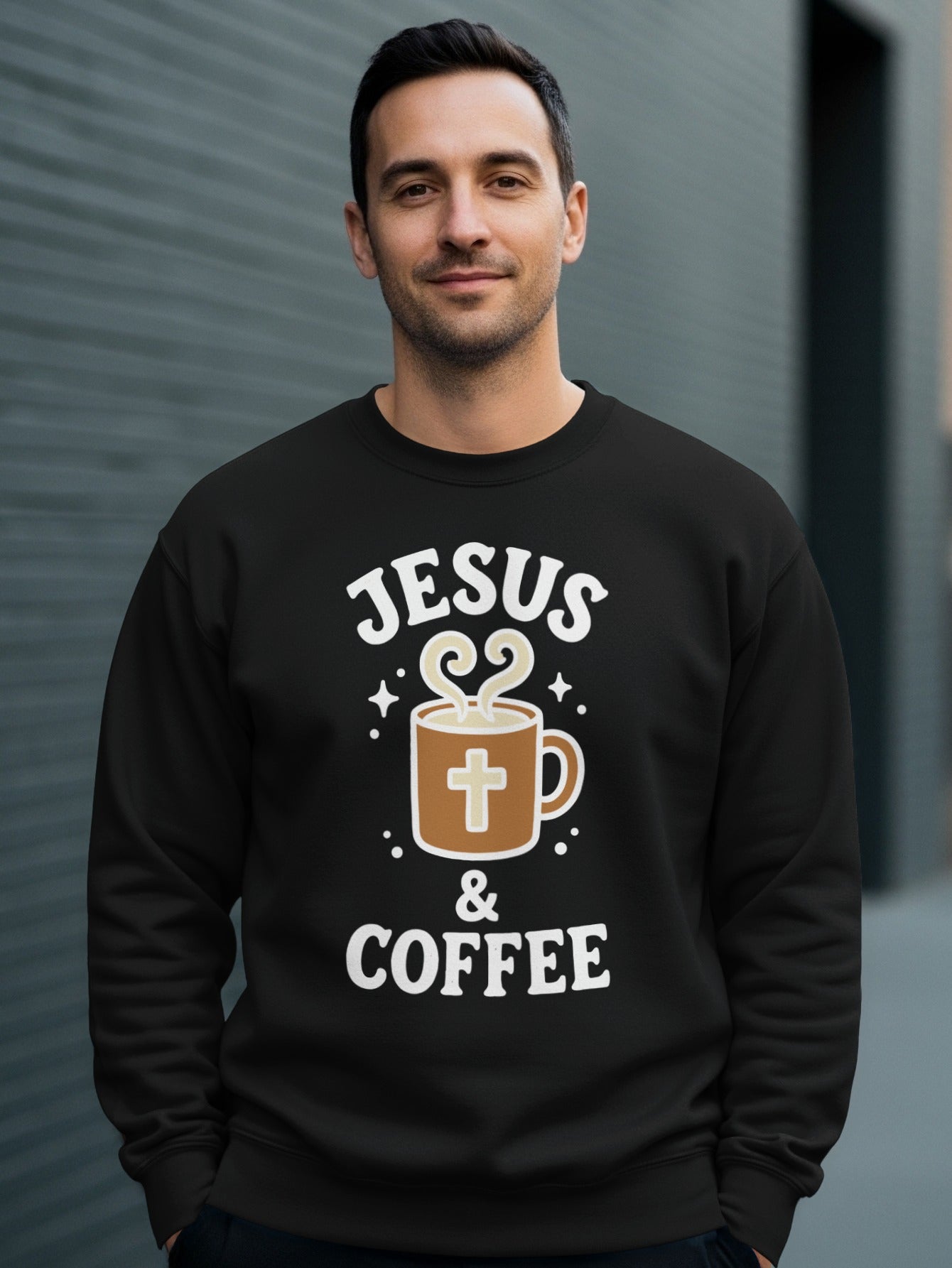 Black sweatshirt with "Jesus & Coffee" text and a coffee cup graphic.