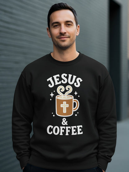 Black sweatshirt with "Jesus & Coffee" text and a coffee cup graphic.