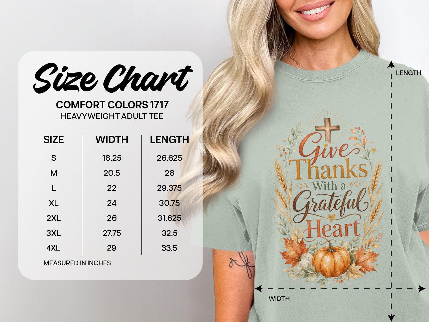 Comfort Colors 1717 heavyweight adult tee size chart with width and length measurements.