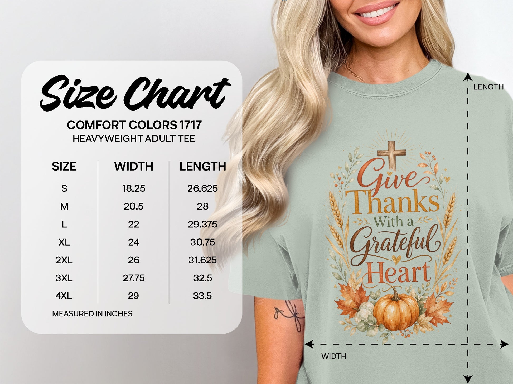 Comfort Colors 1717 heavyweight adult tee size chart with width and length measurements.