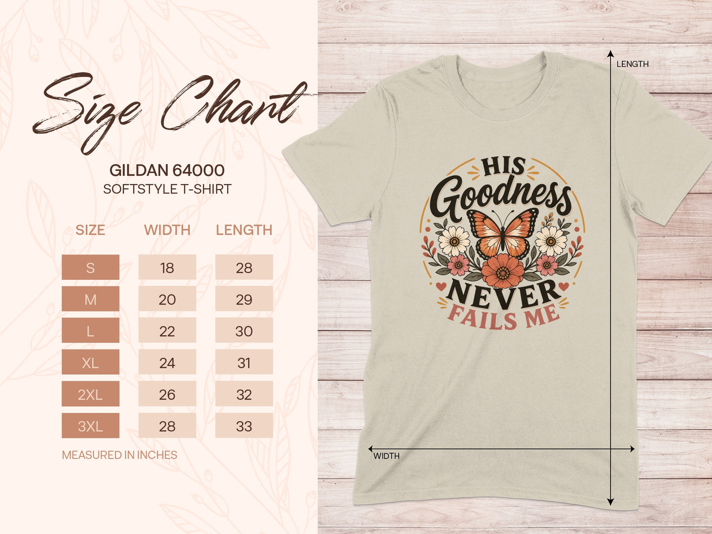 Gildan 64000 softstyle t-shirt size chart with butterfly graphic.