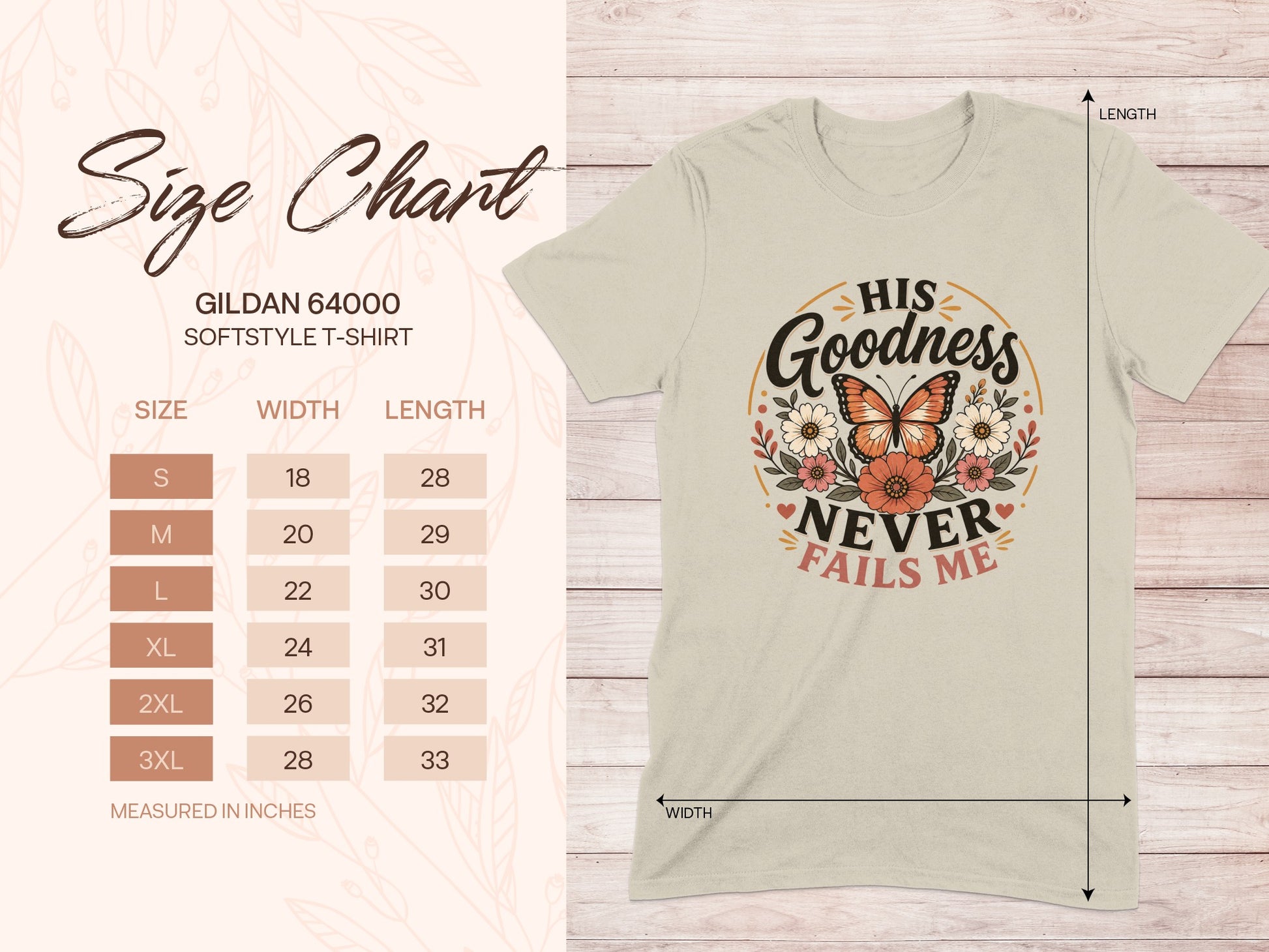 Gildan 64000 softstyle t-shirt size chart with butterfly graphic.